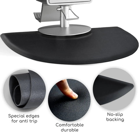 Anti Fatigue Salon Floor Mat For Barbers And Stylists, 3 By 4 Foot Black Semi Circle Chair Mat, Half Inch Thick Comfort Underfoot