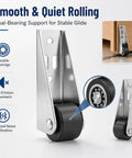 Built Tough Vertical Track Roller Wheels With Quiet Rubber Casters For Sliding Barn Doors And Cabinets 110 Lb Bottom Support Kit close up of dual-bearing roller on steel bracket