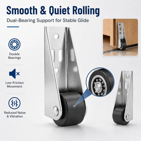Built Tough Vertical Track Roller Wheels With Quiet Rubber Casters For Sliding Barn Doors And Cabinets 110 Lb Bottom Support Kit close up of dual-bearing roller on steel bracket