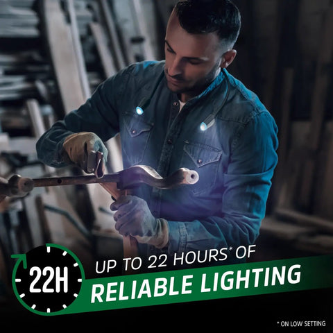 Man using rechargeable neck light with USB charging while crafting, demonstrating hands-free LED lamp with adjustable brightness.