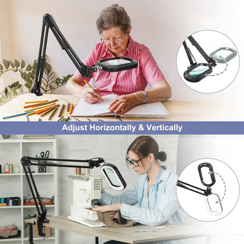 Two women using 10X Lighted Magnifier With Clamp And Stand For Close Work Real Glass Lens 5 Color Modes, one with a sewing machine.