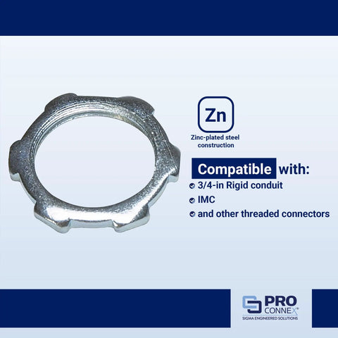 Tough As Nails 3/4 Inch Rigid Conduit Lock Nut 20 Pack Killer Grip Slick Threaded Electrical Connector Hardware For Imc Tube And Junction Box Mounting Pro Shop Kit, zinc-plated steel construction.