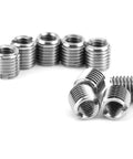 10-pack silver metal self-tapping threaded sleeve inserts with external threads; front view showing several in a row.