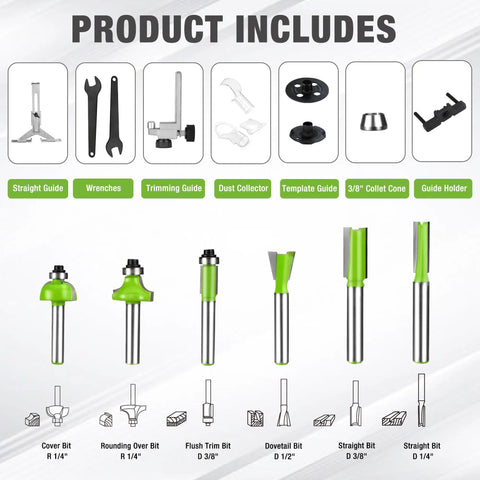 Image of Compact Router Combo Kit With Fixed Base And Plunge, 6.5 Amp Power, showcasing included bits, guides, and tools.