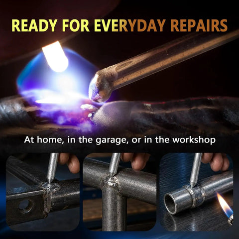 Demonstration of Low Temperature Universal Welding Rod Kit 24 Pcs For DIYers And Pros Stainless Steel Iron Aluminum With Easy Melt Solder Electrodes in use, highlighting metal repairs and welding.