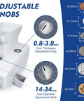 Adjustable knobs for coin thickness and diameter settings on Heavy Duty Coin Counter And Auto Sorter With Killer Capacity Plug And Play Simple Setup Bank Grade Cash Management For US Canadian Mexican Foreign Coins No Sweat Operation With Full Two Year Warranty.