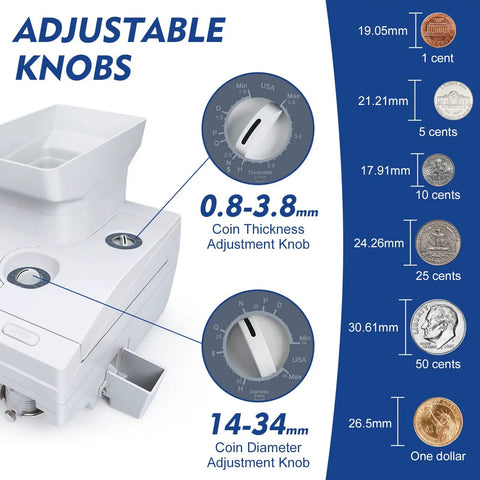 Adjustable knobs for coin thickness and diameter settings on Heavy Duty Coin Counter And Auto Sorter With Killer Capacity Plug And Play Simple Setup Bank Grade Cash Management For US Canadian Mexican Foreign Coins No Sweat Operation With Full Two Year Warranty.