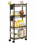 Four Tier Narrow Rolling Storage Cart With Wheels For Tight Spaces, Skinny Metal Mobile Shelf Organizer, Black Finish, 6.8 Inch Wide