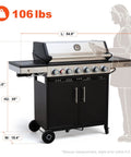 Front view of Six Burner Propane Gas Grill With Infrared Sear Side Burner And Diamond Pattern Cast Iron Grates And Griddle