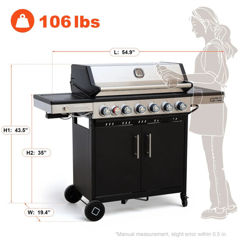Front view of Six Burner Propane Gas Grill With Infrared Sear Side Burner And Diamond Pattern Cast Iron Grates And Griddle