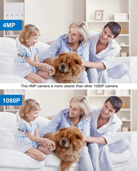 4MP Wireless Indoor Security Camera image comparison with clearer family scene above 1080P below