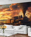 Epic Steam Train Mural Wall Art For Living Room And Bedroom, Massive Locomotive Canvas Wallpaper, 157 By 110 Inches Not Peel And Stick, 3D Railroad Backdrop Decor displayed in a modern living room setting.