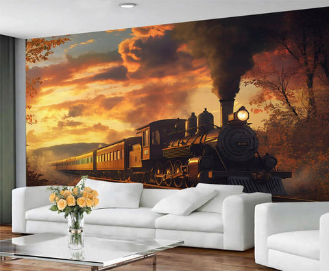 Epic Steam Train Mural Wall Art For Living Room And Bedroom, Massive Locomotive Canvas Wallpaper, 157 By 110 Inches Not Peel And Stick, 3D Railroad Backdrop Decor displayed in a modern living room setting.
