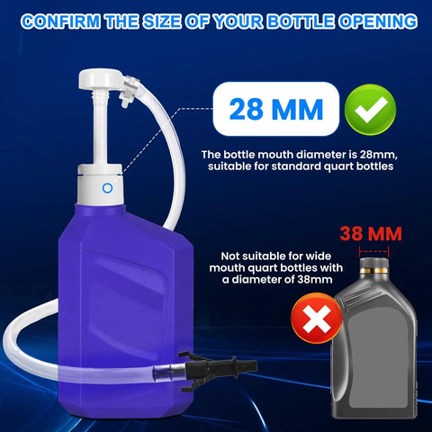 Premium Transmission Fluid Pump For Standard Quart Bottles with 28mm cap highlighted, blue background