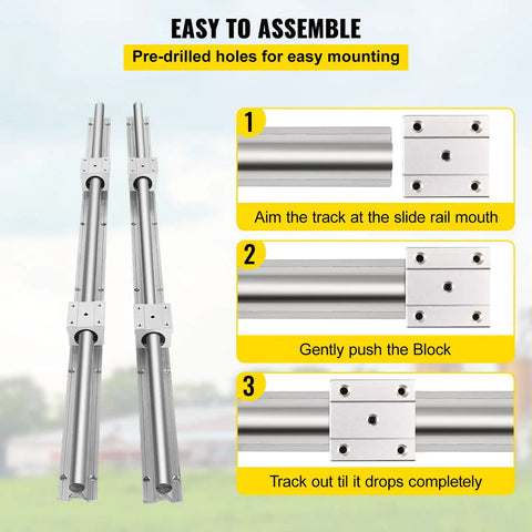 Rock Solid SBR16 Linear Rail Kit With Two 800mm Guide Ways And Four SBR16UU Bearing Blocks shown in assembly steps for CNC use.