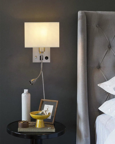 Two Pack Bedside Lights Plug In Wall Sconces With Dual USB Charging Ports Per Lamp Dimmable Reading Lamp Fabric Shade On Off Switch Brushed Nickel Finish Ideal For Home Or Hotel