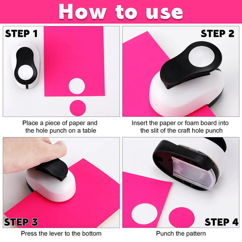 How to use steps for Three Piece Circle Punch Set 2 Inch 1 5 Eighth Inch And 1 Inch Black Paper Punches with pink paper demo