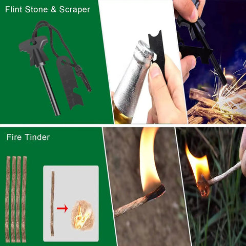35 In 1 Survival Kit With First Aid Essentials showing flint stone, scraper, and fire tinder for camping.