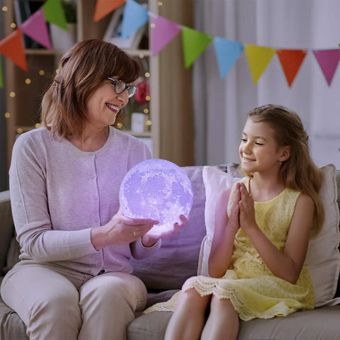 Mother and daughter enjoying Moon Lamp 7.1 Inch 3D Printed Lunar Night Light With 16 Colors Kid Room Decor Soft White To Warm Glow.