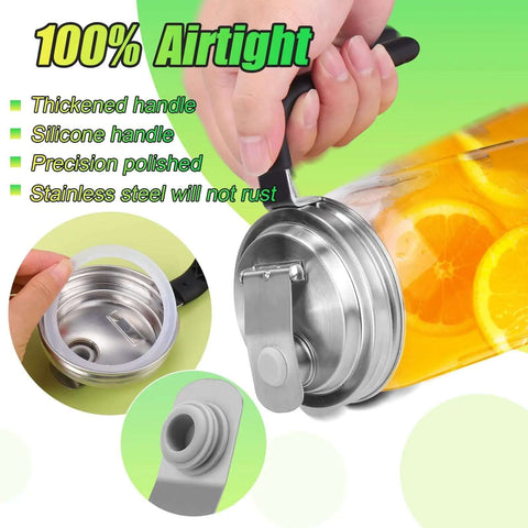 Close-up of stainless steel pour spout lid with handle on jar, airtight seal, holding orange beverage, for kitchen storage and drinks.