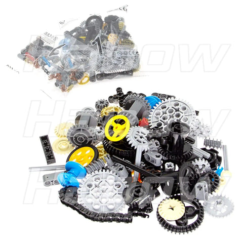 116 Piece Technic Parts Set With Gears, Axles, Pins, Connectors, Wheels And More for builders in bold primary colors scattered.