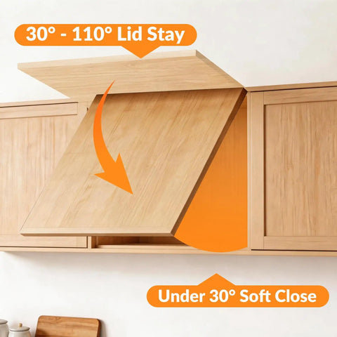 Overhead Cabinet Lid Support Hinges With Soft Close Adjustable Seven Level Strength, 110 Degree Opening in kitchen setup.