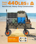 Heavy Duty Beach Cart With Big 9x4 All Terrain Wheels For Sand loaded with gear on a beach, foldable wagon visible.
