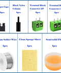 Components of Double Sided Prototype PCB Board Kit with 2P and 3P terminal blocks, jumper caps, solder wire, flux, and sponge sheet.
