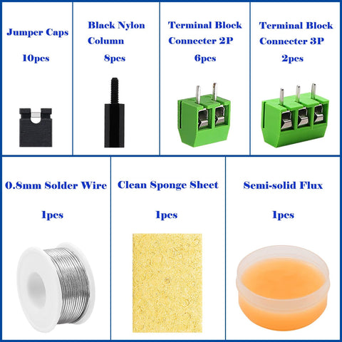 Components of Double Sided Prototype PCB Board Kit with 2P and 3P terminal blocks, jumper caps, solder wire, flux, and sponge sheet.