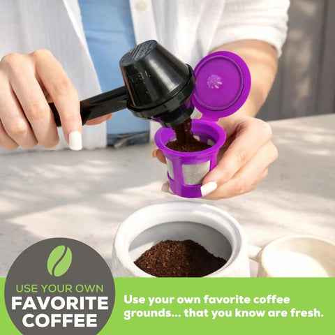 Budget Friendly Reusable K Cup Pod Coffee Filters With Built In Mesh Strainer For Keurig And Other Single Cup Coffee Makers Refillable Capsules 4 Pack Save Big On Every Cup being filled with coffee grounds.
