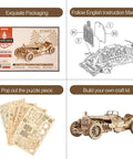 3D Wooden Puzzle Car Kit for Adults No Glue Needed Mechanical Model Vehicle Build Kit Laser Cut Plywood 1 16 Scale Grand Prix Car Brain Teaser Dope Gift for Birthday Christmas, showing packaging, instructions, puzzle sheets, and assembled model.