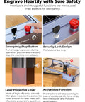 Safety features of 10W Pro Laser Engraver With Air Assist including emergency stop button, security lock, protective cover, and stop function.