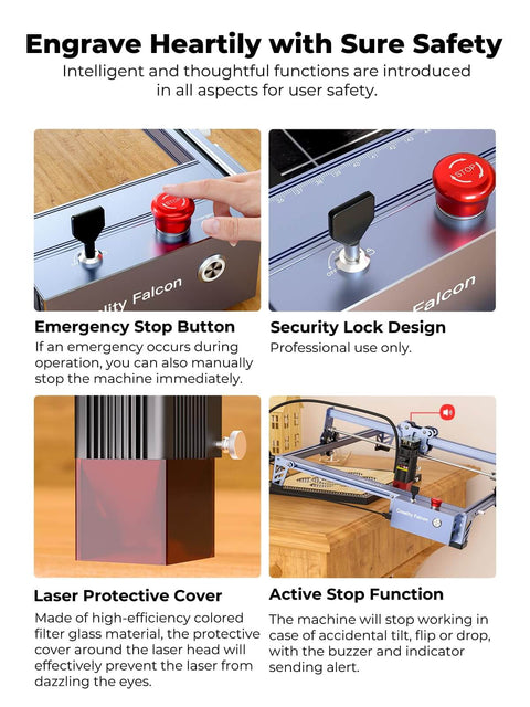 Safety features of 10W Pro Laser Engraver With Air Assist including emergency stop button, security lock, protective cover, and stop function.