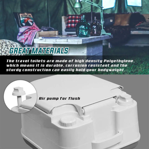Portable Camping Toilet with Splash-Free Flush Anti Leak Water Pump, close-up of tank and air pump in a camping setup