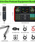G10 Podcast Equipment Bundle With Three Point Five Millimeter Condenser Microphone For PC And Phone, Live Streaming, Gaming, Singing, DJ Sets, Plus Built In Audio Mixer Noise Reduction Boom Arm Pro Studio Kit displayed with dimensions and components