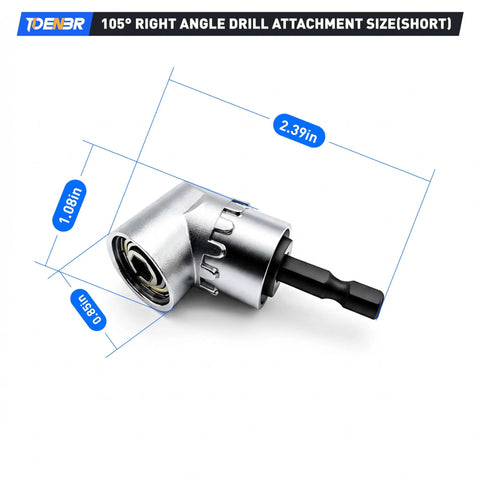 105 Degree Right Angle Drill Attachment Set with dimensions, showing short adapter for tight spaces and hard to reach corners.
