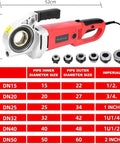 XIVUIFOI 2300W Electric Pipe Threading Machine Set showing cutter, threader, and die sizes for 1/2 to 2 inch pipes.
