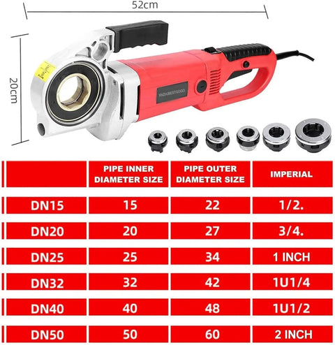 XIVUIFOI 2300W Electric Pipe Threading Machine Set showing cutter, threader, and die sizes for 1/2 to 2 inch pipes.
