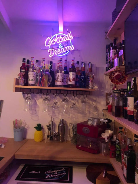 Real Glass Neon Light Sign For Home Bar And Pub Vibe, 17x14 Inch Wall Mount Neon Tube Sign above bar counter setup.