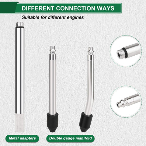Front view: Marvelity cylinder leak-down tester kit components with metal rods and threaded connectors.