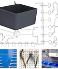Rock Solid And Built Tough 80 Piece Peg Board Hooks And Bins Set For Garage Tool Storage Wall Mount Organizer With Steel Pegs, includes black bin and steel hooks.