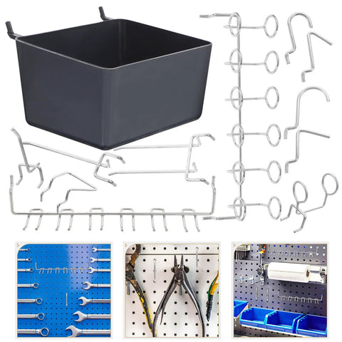 Rock Solid And Built Tough 80 Piece Peg Board Hooks And Bins Set For Garage Tool Storage Wall Mount Organizer With Steel Pegs, includes black bin and steel hooks.