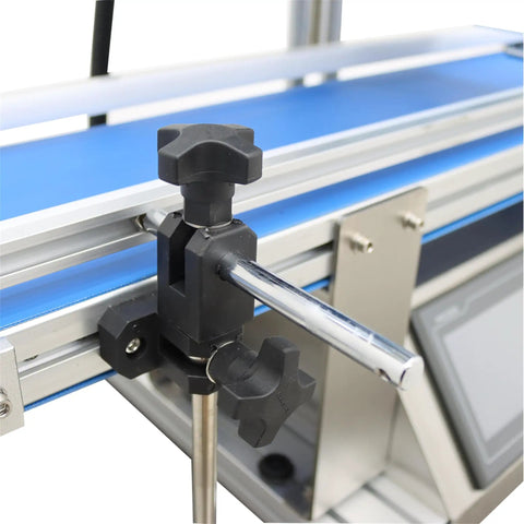 Close-up of the Automatic Desktop Conveyor Labeler 110V handle for adjusting height and position of the conveyor system.