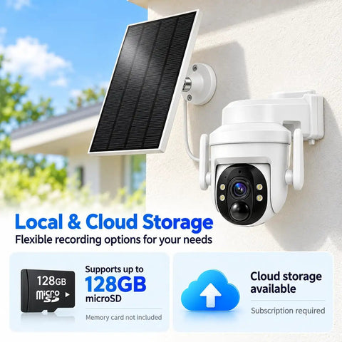 Wireless Outdoor Solar Security Camera 3MP HD with PIR motion detection and solar panel mounted on wall.