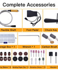Complete accessories of Powerful 1000W Flex Shaft Rotary Tool With Foot Pedal Control And Forward Reverse Rotation 500 To 30000 RPM Hanging Grinder Carver Kit