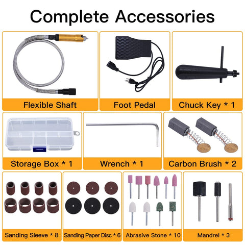 Complete accessories of Powerful 1000W Flex Shaft Rotary Tool With Foot Pedal Control And Forward Reverse Rotation 500 To 30000 RPM Hanging Grinder Carver Kit