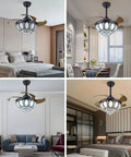 Ceiling Fan with Light Crystal Retractable 3 Color Control Silent Copper in modern bedroom and living room settings.