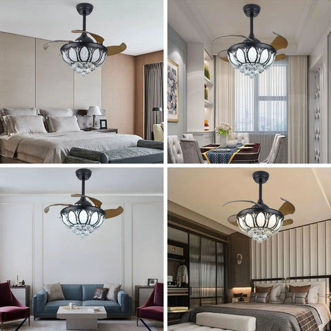 Ceiling Fan with Light Crystal Retractable 3 Color Control Silent Copper in modern bedroom and living room settings.