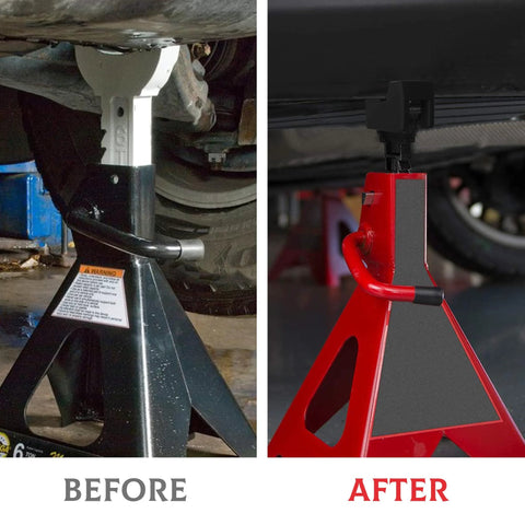 Two-panel image of Seven Sparta car jack pad adapters installed on jack stands under a vehicle; left white, right red.