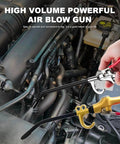 High Volume Air Blow Gun With Aluminum Body And Rubber Guard being used in car engine, long tapered nozzle in focus